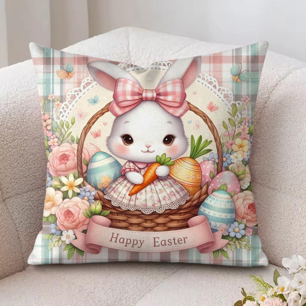 Easter Cartoon Cute Rabbit Cushion Cover Silky Short Plush Invisible Zipper Dustproof Sofa Pillow Case For Home Decor