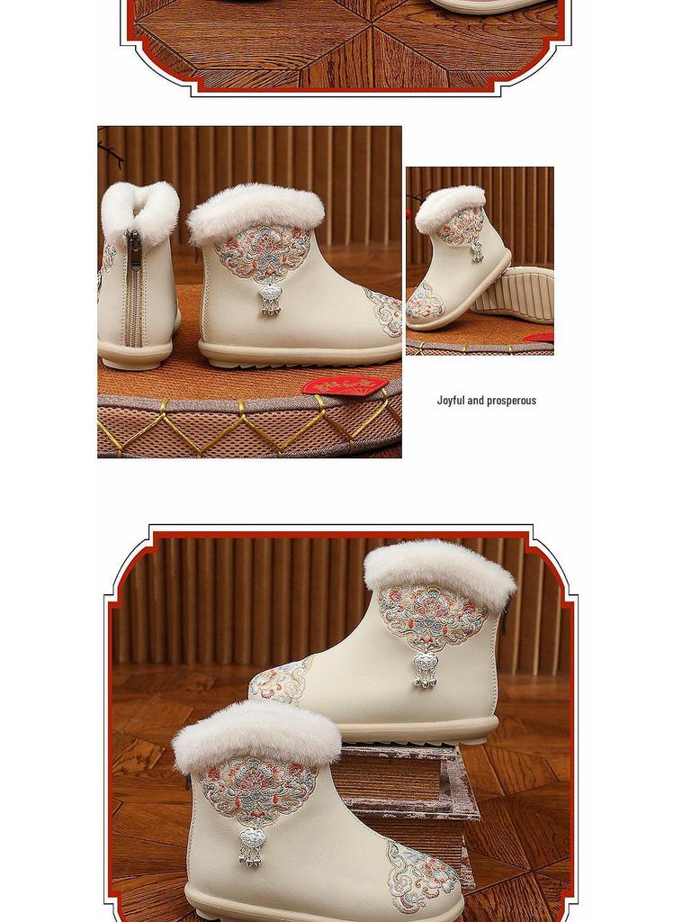 2025 Winter Chinese Hanfu Leather Snow Boots for Girls - Handmade Embroidered Cotton Children's Shoes for New Year's Day