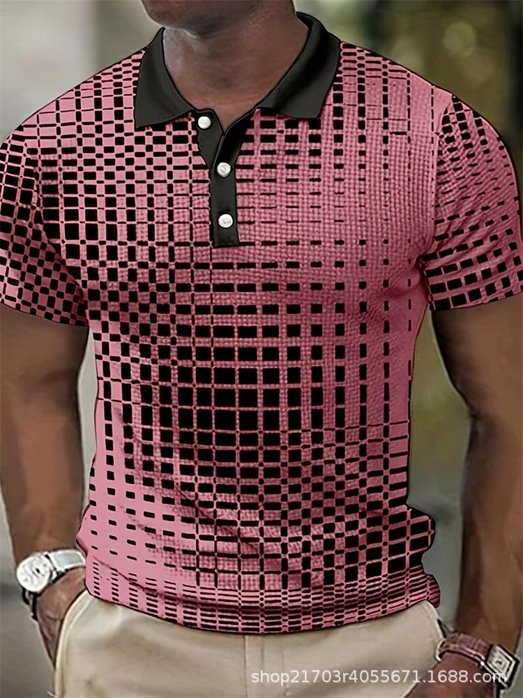 Casual Geometric Block Print Short Sleeve Zip Collar Polo Shirt for Men