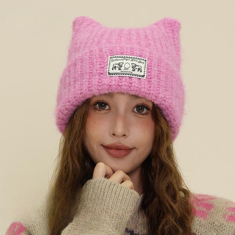 New cute cat ear patch solid color knitted hat autumn and winter face small wool hat warm ear protector pullover hat cold hat