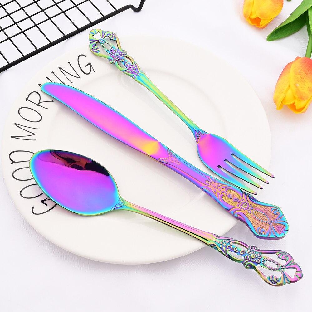 5pcs/set Rainbow Tableware Set Stainless Steel Dinnerware Royal Knife Dessert Fork Spoon Flatware Cutlery Set Western Silverware Set for 1