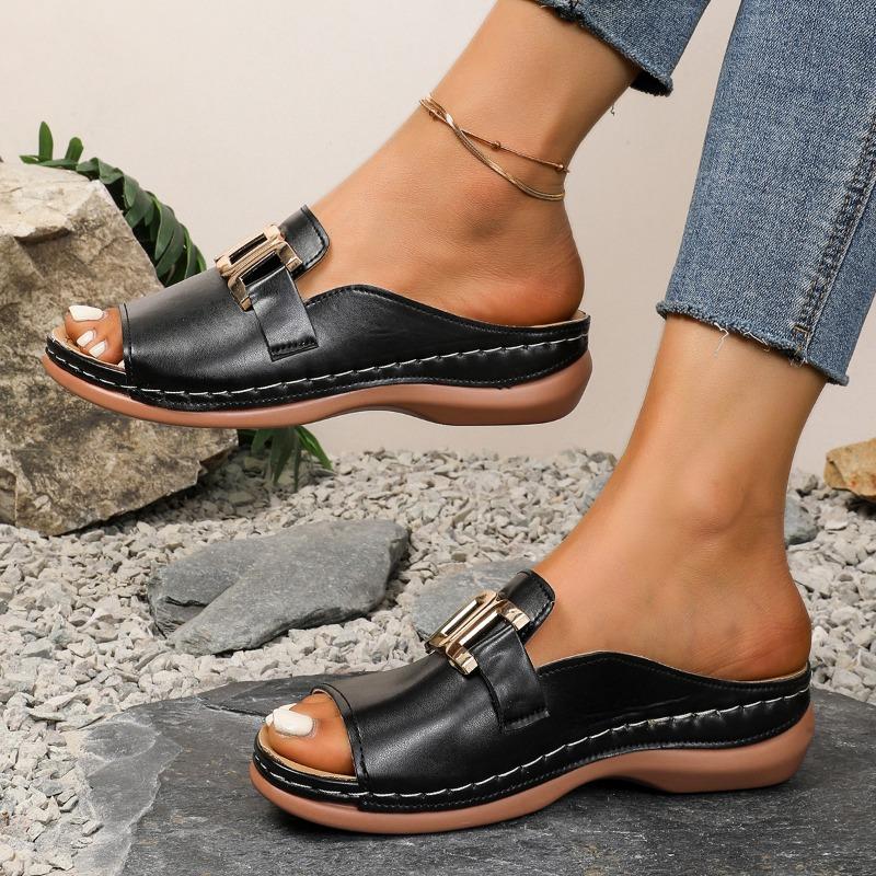 Women's Wedge Platform Slippers New Cross-Border Large Size Casual Fashion Simple Metal Buckle Fish Mouth Sandals