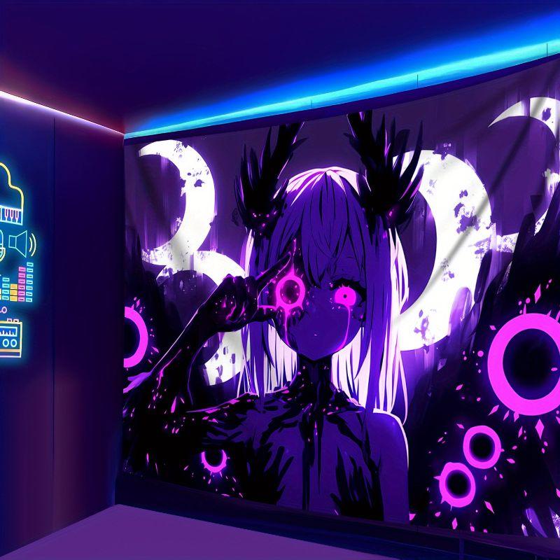 Neon Anime Girl Wall Tapestry Cyberpunk Dark Aesthetic Gothic Wall Hanging Bedroom Dorm Home Decor 100X70CM