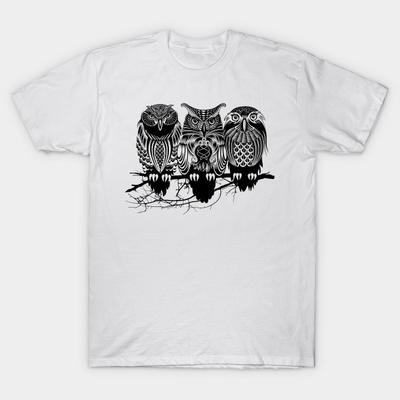 Men Black Print T-shirt Owls No-Cut Heat Transfer Print Cotton Tshirt
