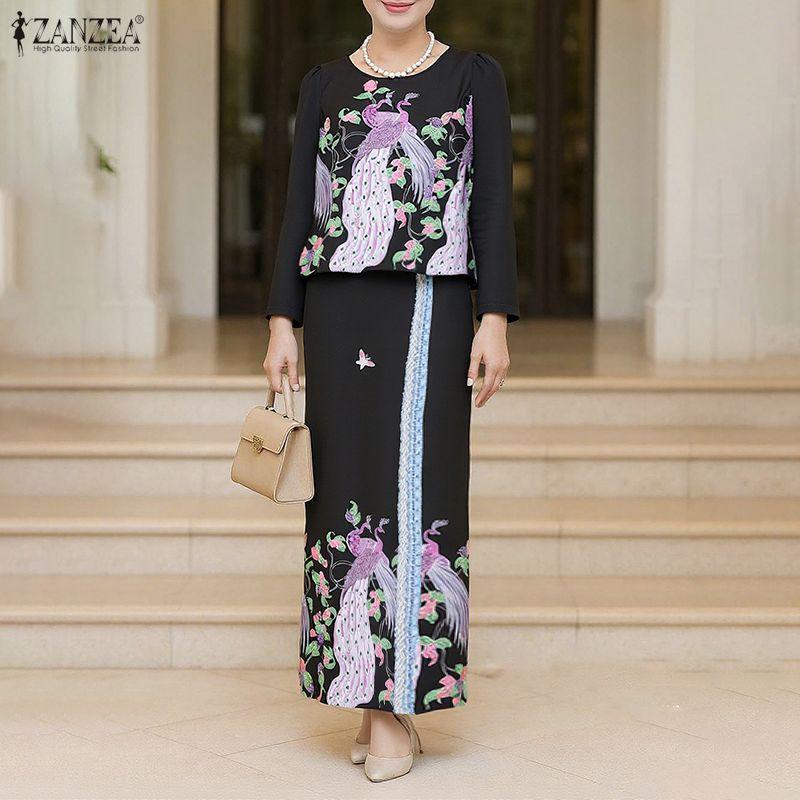 ZANZEA Women Long Sleeve Blouse and Long Skirts Casual Two Piece Suit Sets