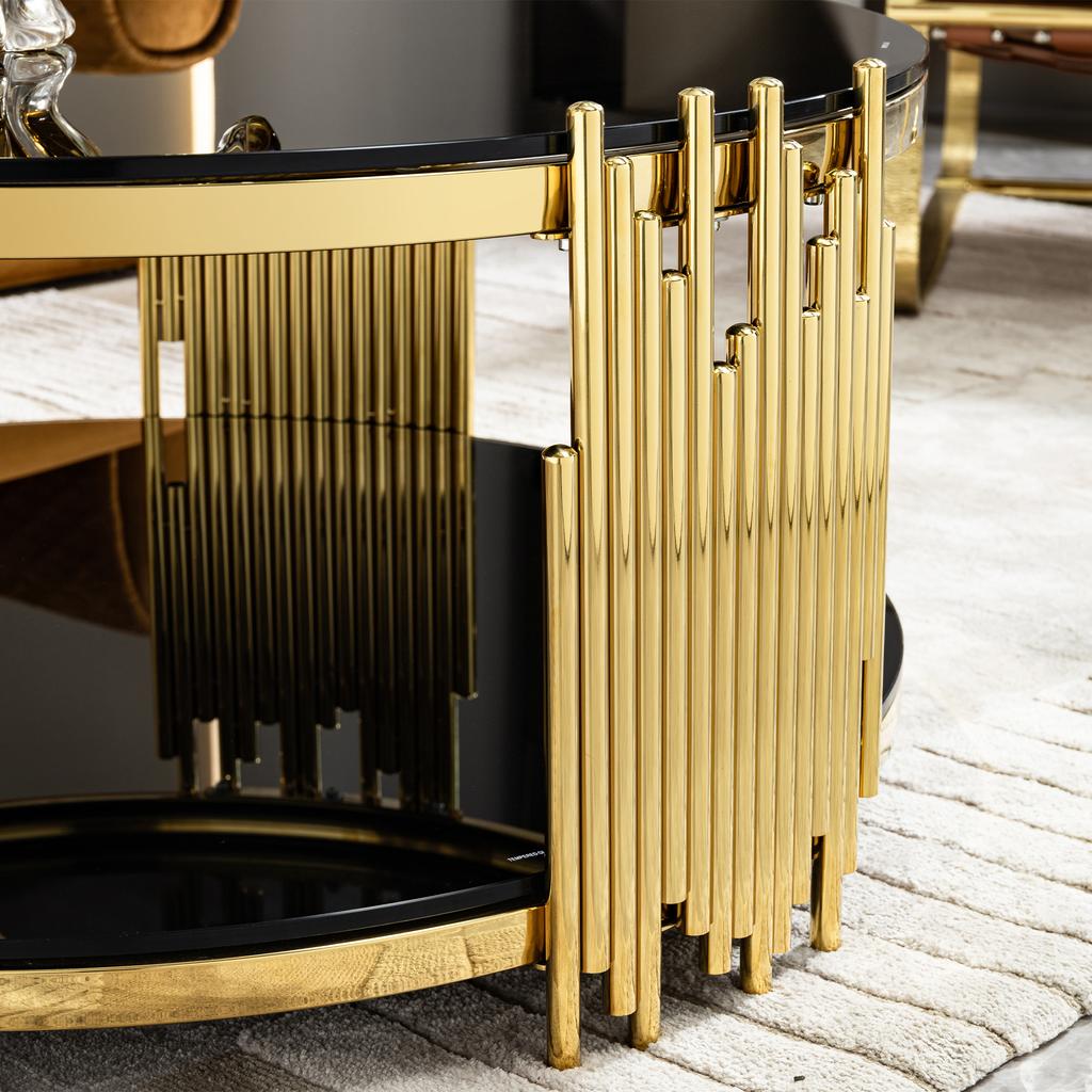 Modern Black Glass Coffee Table,Luxury Living Room Tables with Double Glass Top,Round Coffee Table with Golden Steel Base