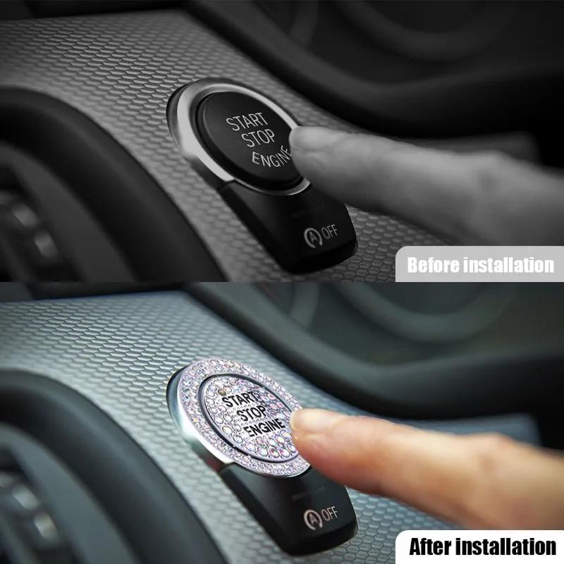 2Pcs/set Car Start Switch Button Sticker Rhinestone Ring Circle Trims Protective Cover Diamond Decorative Decal Auto Accessories