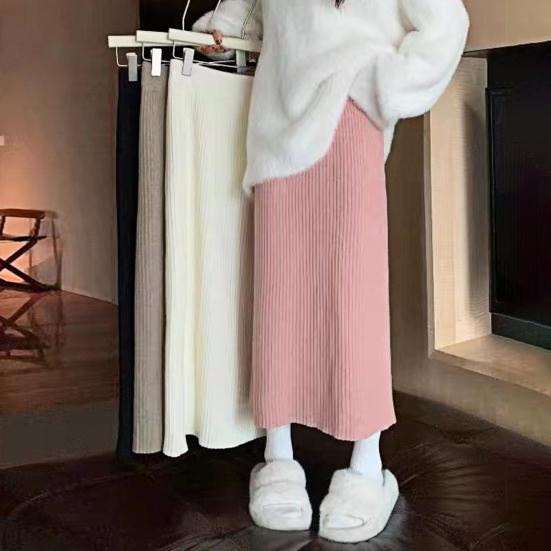 Dámská midi sukně s vysokým pasem, volného střihu, žebrovaná pletená sukně, jednobarevná, podzimní zimní, rovná sukně, všestranné denní nošení