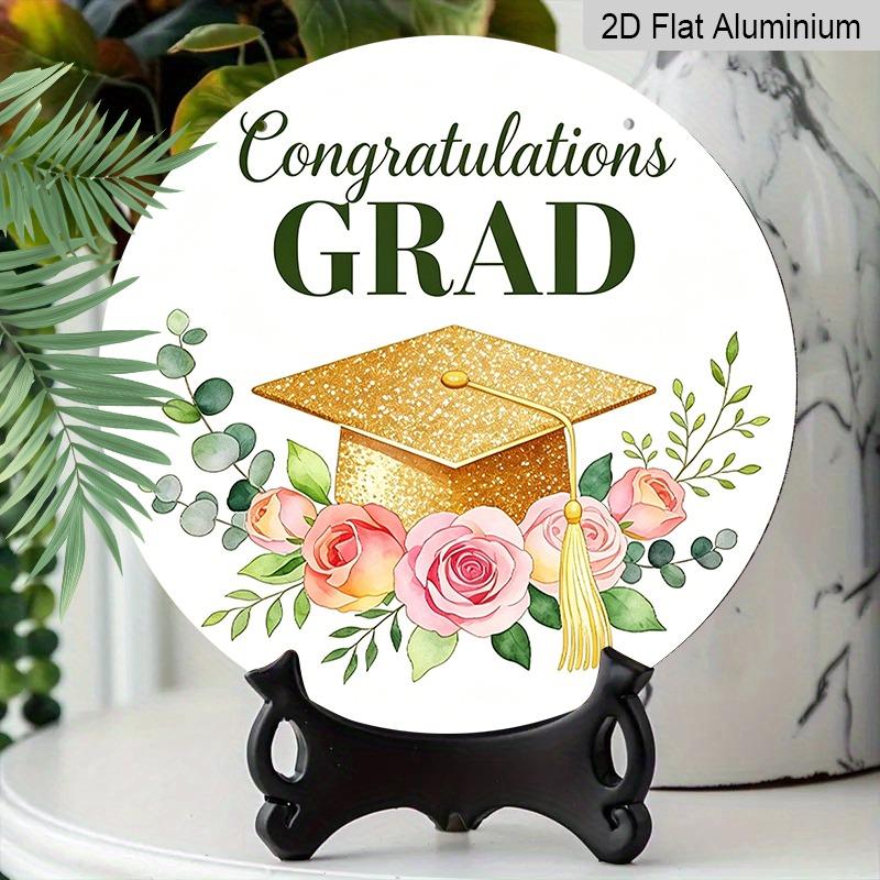 2D Flat Aluminum Graduation-themed Wall Hangings, Available in Various Sizes, Featuring Gold Glitter Graduation Caps and Watercolor-style Pink Roses