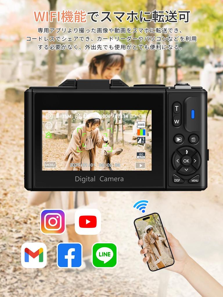 AiMike 5K Digital Camera with Smartphone Transfer 75MP Rotating 64GB MicroSD Card 18x Digital 19 Large Dual Suitable for Kids and Christmas Black