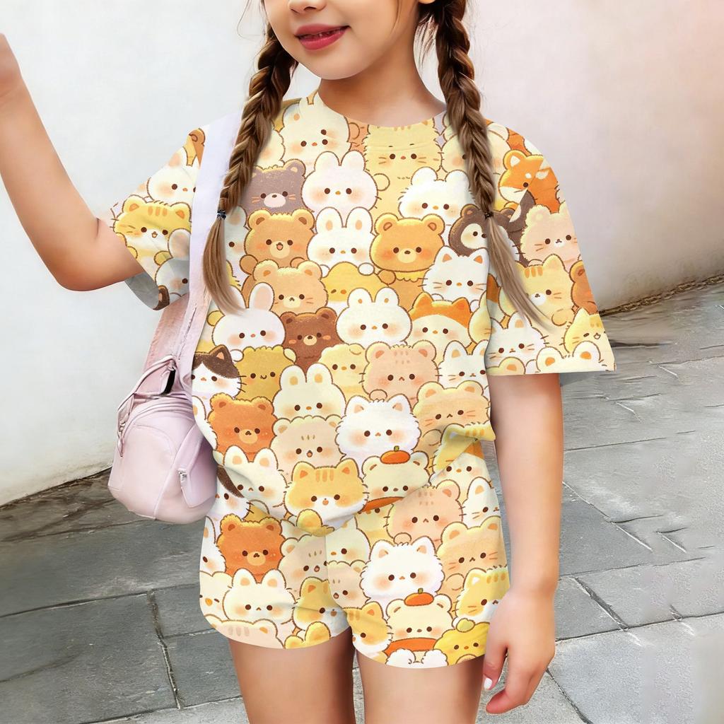 Kids Casual Short Sleeve Top and Shorts Set Animal Print Lightweight Comfortable Soft Fabric Summer Outfit for Boys and Girls