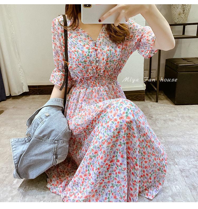 Květinové šaty s výstřihem do V, zeštíhlující pas, francouzský retro styl, 2024