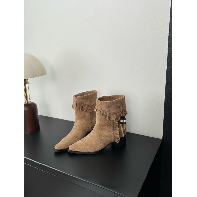 

Корейская версия ретро замшевых с бахромой на толстом каблуке коротких ботинок женских 2025 осень и зима новая нишевая универсальная модель с острым носком короткие ботинки Мартин 40 хаки