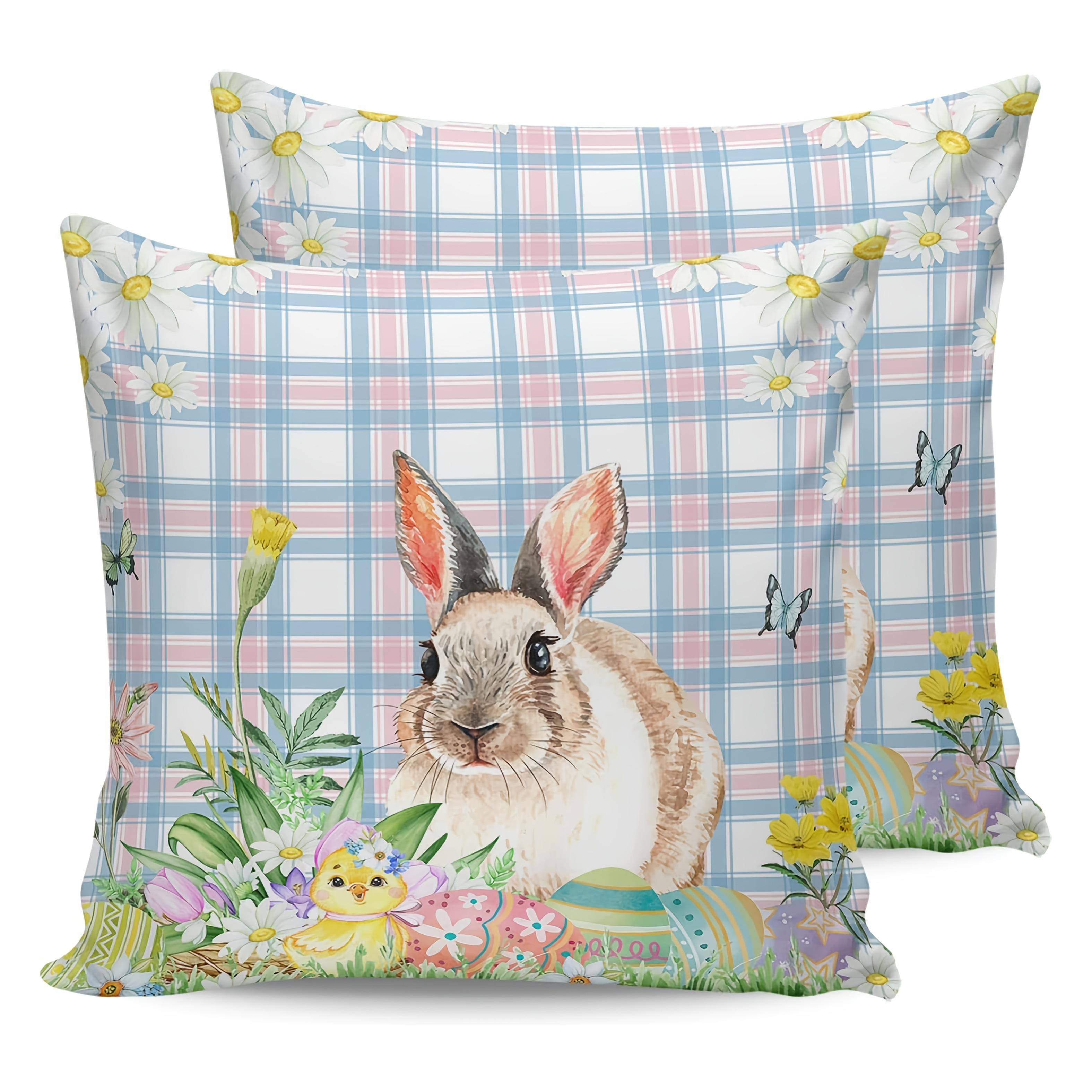 2 Easter bunny eggs spring flower blue plaid square pillo wcase 40x40cm/16x16inch