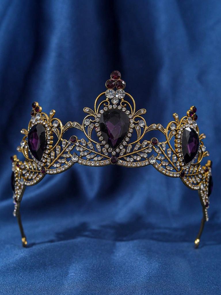 Vintage Gold Purple Crystal Bridal Tiara Baroque Rhinestone Crown Women Wedding Pageant Prom Evening Party