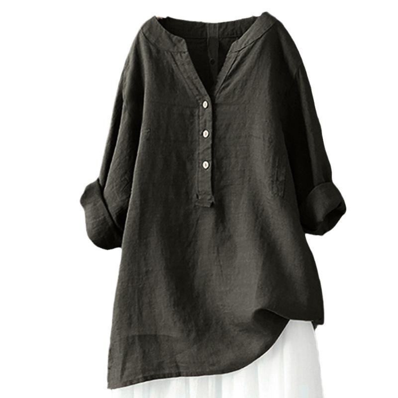 European & American Loose Plain Stand Collar Button Long Sleeve Cotton Linen Top for Women