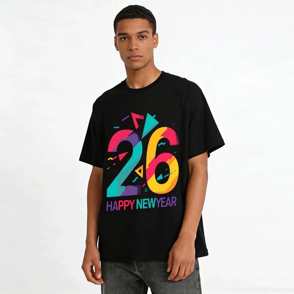 2026 Happy New Year Color Block Number Print Casual Crewneck Top Pure cotton T-shirt