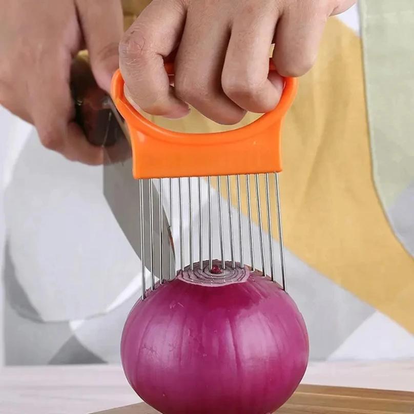 Stainless Steel Onion Cutter Holder Food Slirs Assistant Tomato Onion Slir Holder Vegetables Cutting Fork Kitchen Gadgets