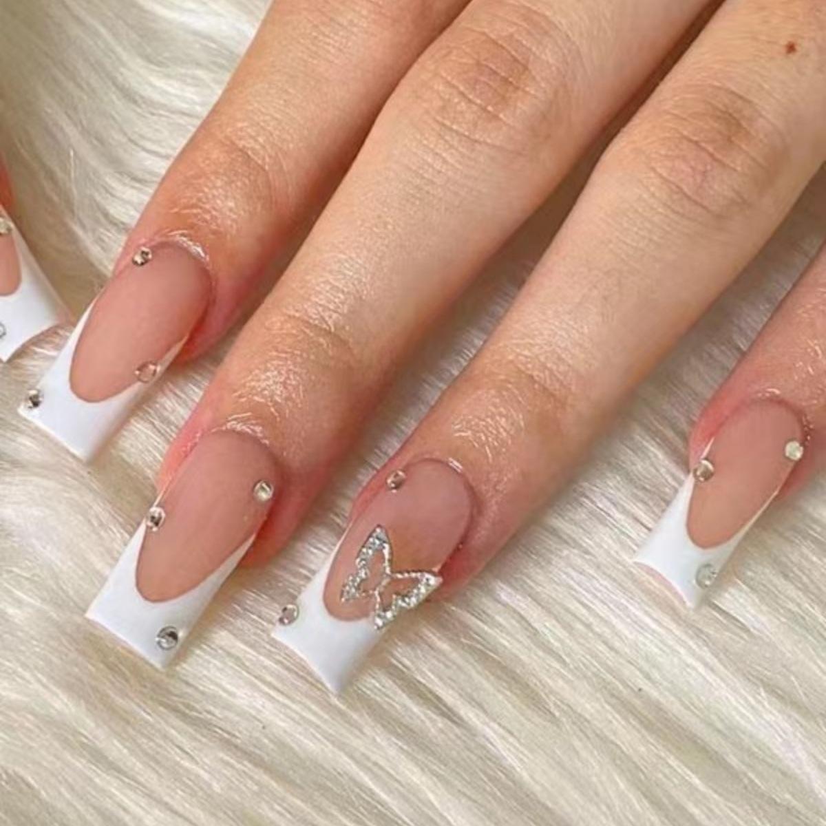 Strictly Selected Manicure Wearing Nail Piece White French Broken Diamond Butterfly Fake Nail Direct Pin Nails With Drill Yellow jelly glue