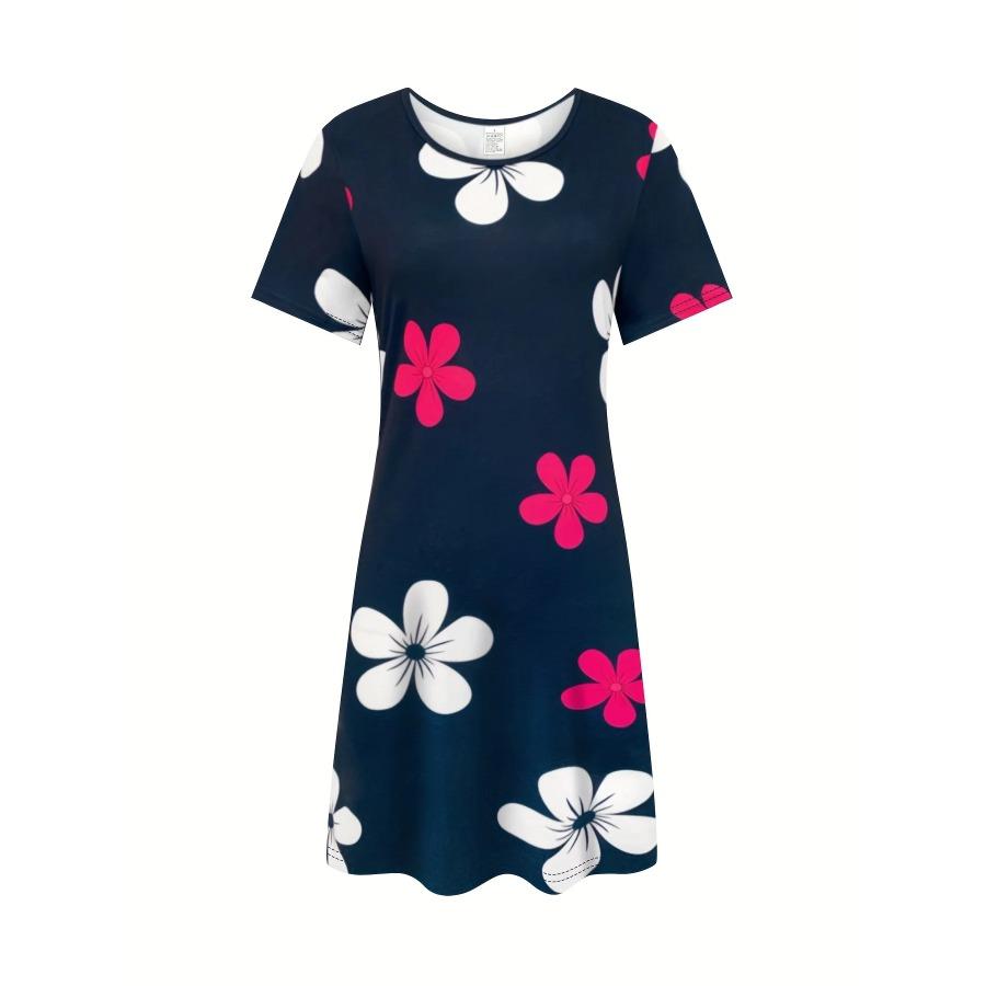 Women's Casual Abstract Floral Print T-Shirt Dress Navy Blue with Pink & White Contrast Tank Dress Breathable Y2k Ladies Clothes