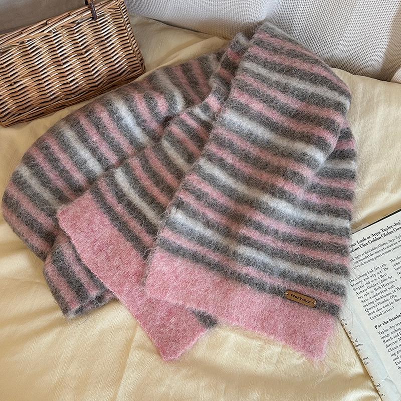 Luochi 2024 Women's Striped Wool Scarf - High-End Winter Fashion for Students