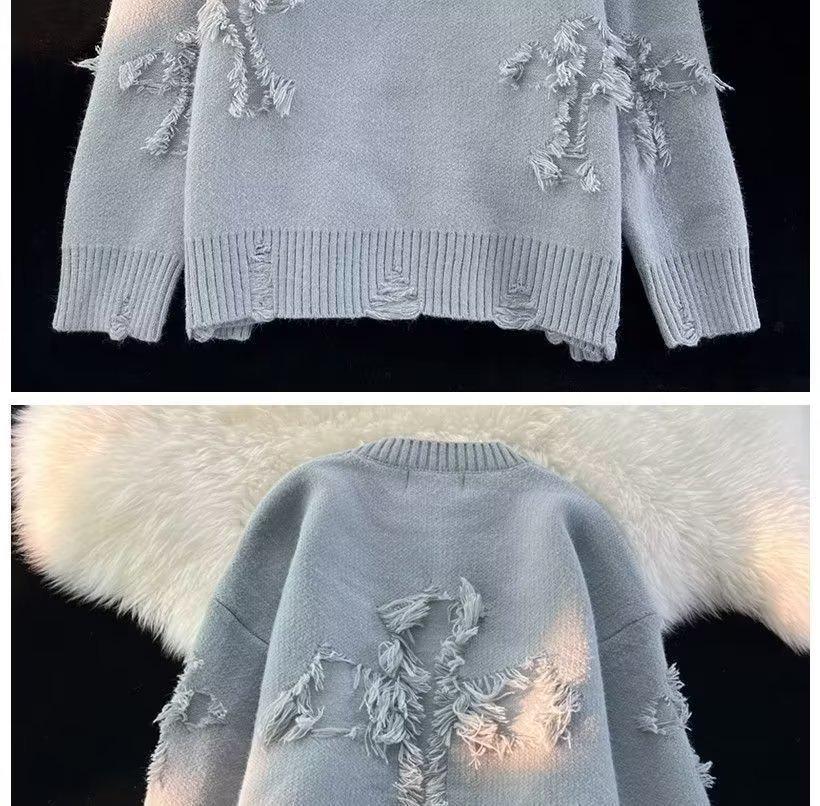 Men's Autumn/Winter Retro Ripped Knit Sweater - Round Neck, Thickened Pullover, Trendy American & Japanese Style