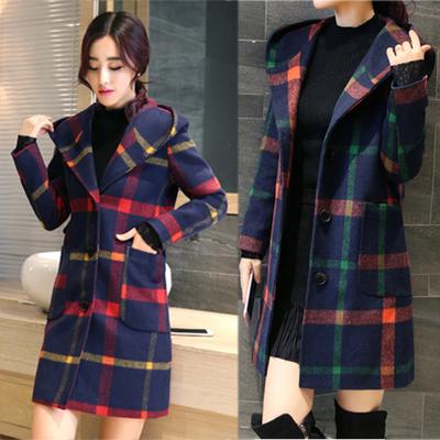 Women Fashion Long Sleeve Hooded Plaid Button Jacket Woollen Coat With Pocket