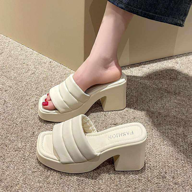 2025 Summer New Women's High-heeled Waterproof Table Thick-soled Thick-heeled Cool Slippers Women's Ins Trendy Outer Wear One-word Slippers