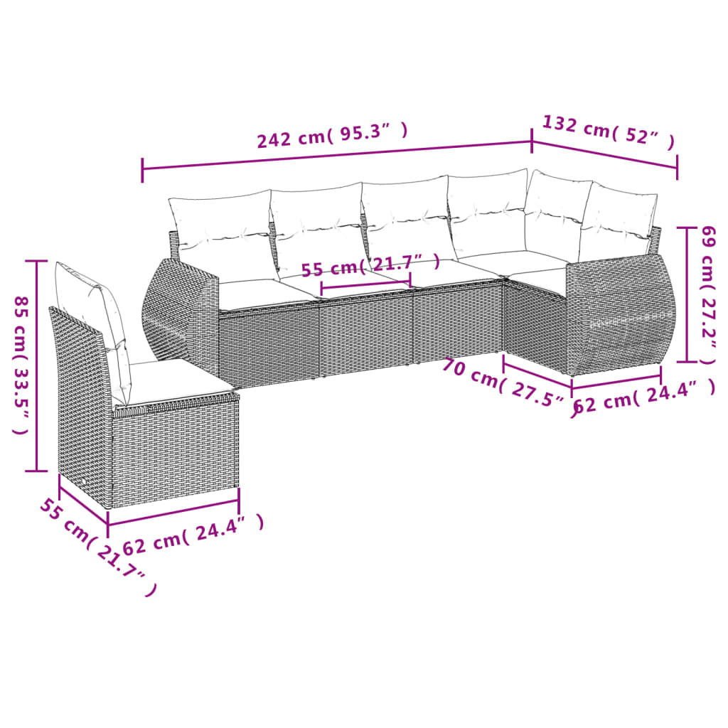 Vidaxl 6-Cz. Garden Furniture Set With Cushions, Beige, Poly Rattan