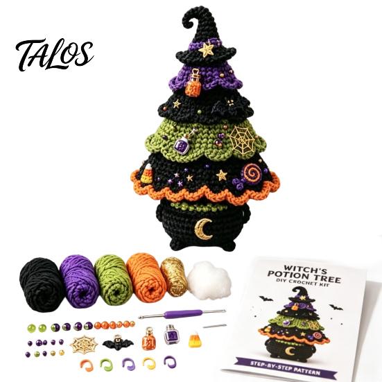 Handmade Yarn Projects Halloween Tree Crochet Kit, DIY Black Cat Pumpkin Witch Supplies with Tools Hat Ghost Crafting Kit for Holiday Home Decor, Gift