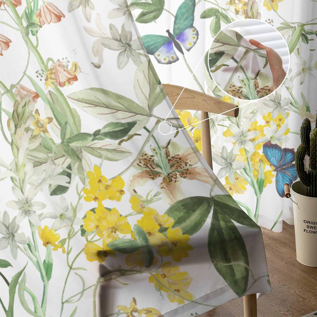 Pflanzen Blumen Blätter Schmetterling Transparente Vorhänge zur Wohnzimmerdekoration Fenstergardinen Küche Tüll Voile Organza Vorhänge