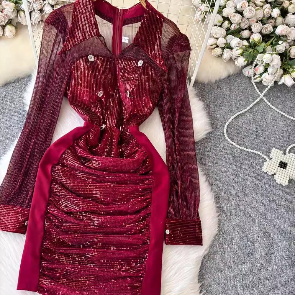 New Autumn Retro Sequins Lapel Pencil Dress Women Clothes Elegant Lady Sheer Sexy Long Sleeve Slim Short Party Birthday Vestidos