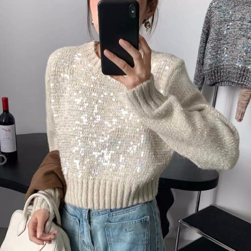 Sequined Knitted Sweater Top Women's Autumn and Winter New Lazy Wind Pullover Round Neck Heavy Industry Super Good-looking Short Sweater