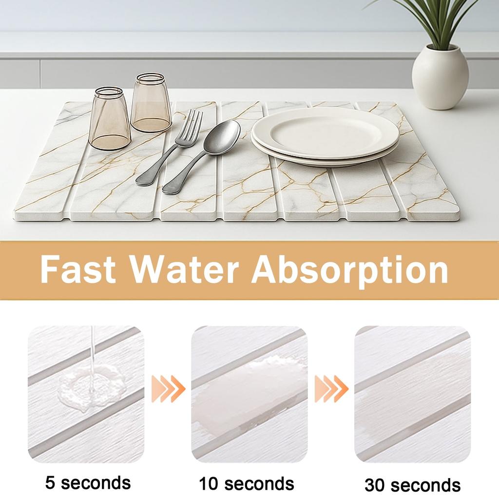 Large Diatomite Drying Mat for Dishes, 24x16 Inch Foldable Non-Slip Kitchen Counter Mat, Fast Absorbing & Antibacterial Sink Pad