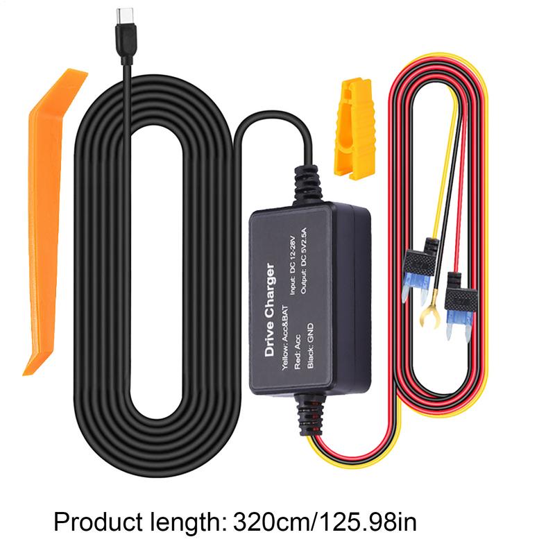 3.2m Car Dash Cam Wire Mirror DVR Hardwire Kit 12/24V To 5V Type-C Charger Driving Recorder Voltage-reducing Cord forCarplay GPS