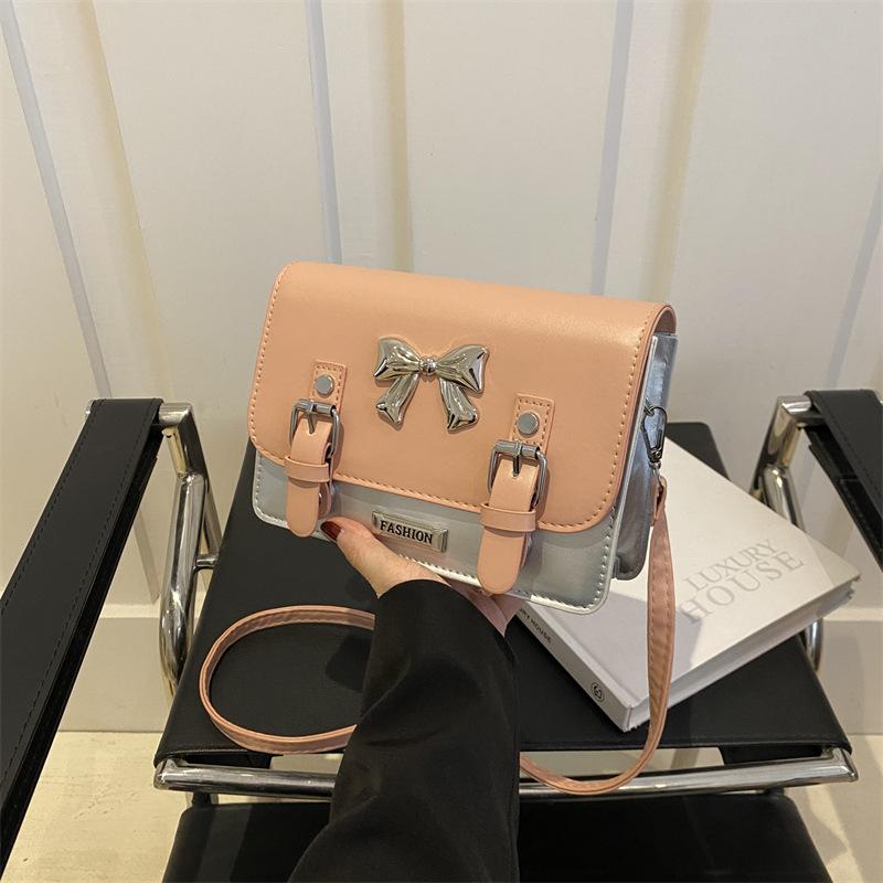 Korean Style Fashion Contrasting Color Postman Bag Women's New Style Bow Small Square Bag Versatile One Shoulder Crossbody Bag