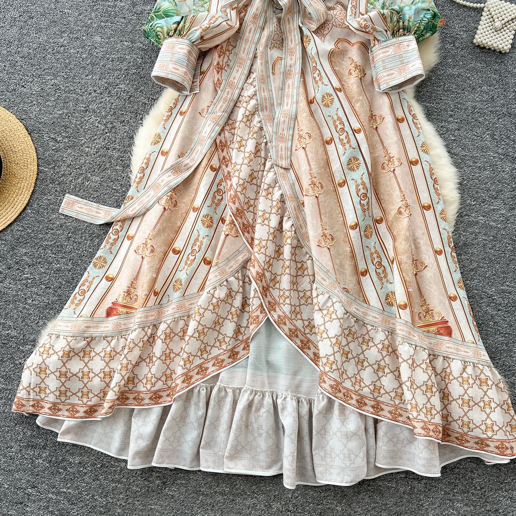 Spring Women Elegant V-neck Designer Print Runway Dress Long Maxi Lace-up Ruffles Holiday Party Dresses
