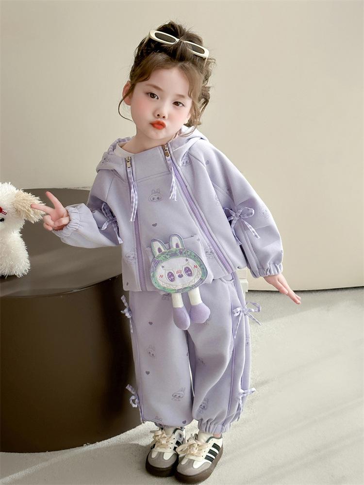 2025 Girls' Autumn Heart Bow Pullover & Zipper Jacket Pants Set