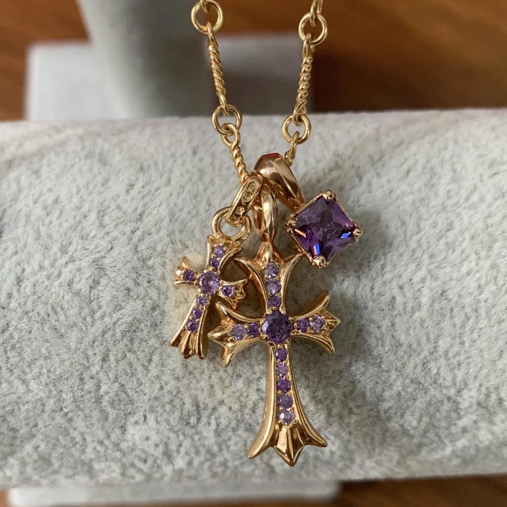 Gold-Plated S925 Sterling Silver Double Cross Necklace with Blue Diamond Accent - Unisex Hip Hop Pendant