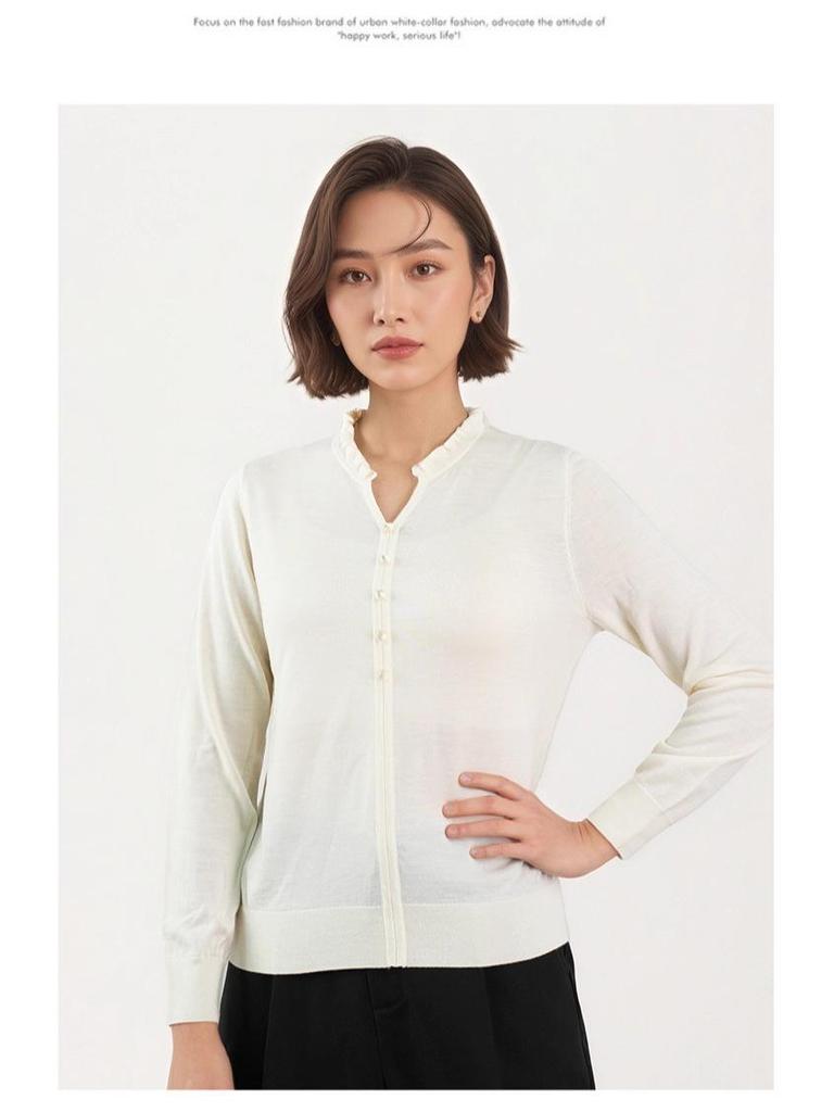 Autumn/Winter Women's 100% Pure Wool Ruffled Collar Sweater in Chinese Style - Little Chicken Yellow Base Layer