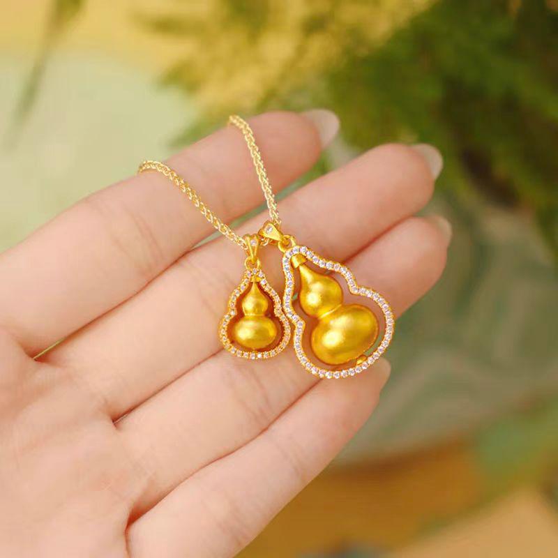 18K Gold Copper-Plated Gourd Necklace for Women - Luxury Rotatable Fu Lu Pendant for Good Luck