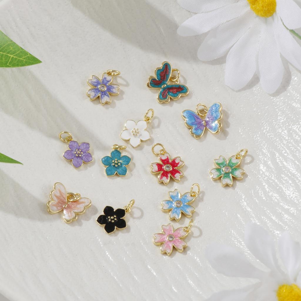 2pcs Enamel Flower Butterfly Brass Charms 18k Gold Plated Multicolor Exquisite Small Pendants For Earrings Necklace Findings