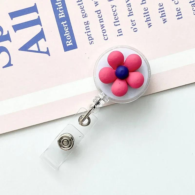 Women Cute Flower Retractable Badge Reel ID Lanyard Name Tag White Collar Badge Holder Reels Keychain Card Holder Accessories