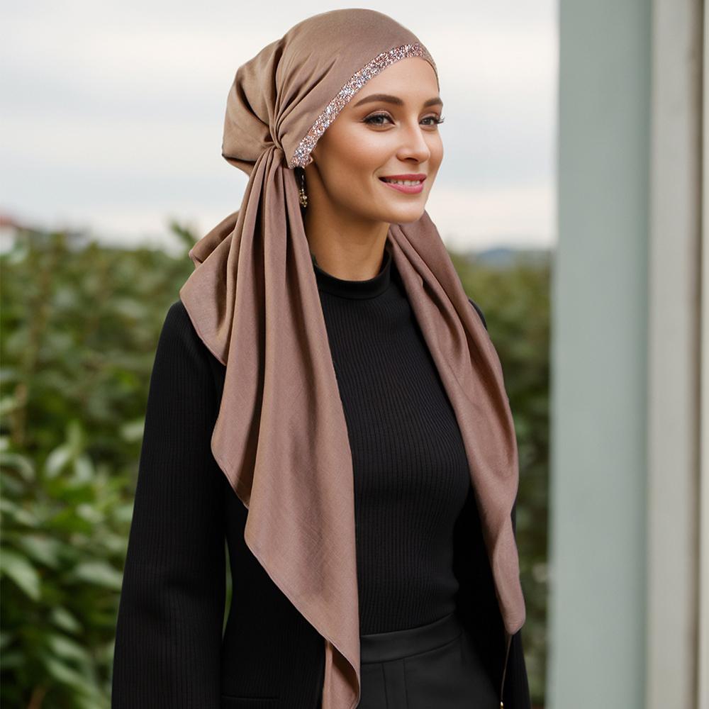 Premium Diamond Cotton Elastic Headband Cap For Woman Muslim Hijab Hat Lady Fashion Instant Scarf Islamic Turban 75*25cm