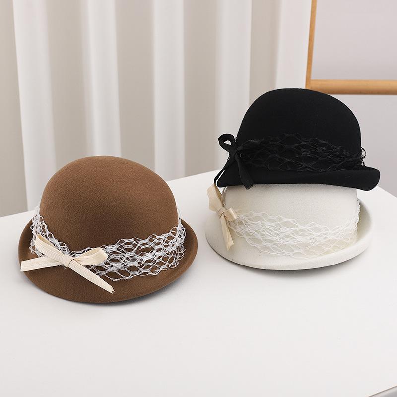 French Celebrity Mesh Ribbon Lampshade Hat Women's Autumn and Winter Wool Top Hat Thousand Gold Bow Basin Hat High Quality Tide