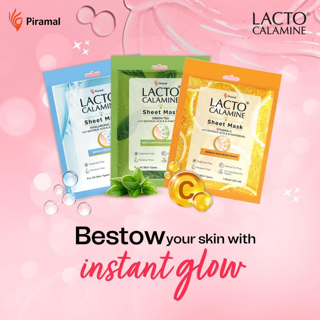 Lacto Calamine Face Sheet Mask Combo Pack of 6 | Vitamin C, Hyaluronic Acid & Green Tea | Brightening Hydrating Clarifying 25mx6