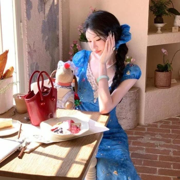Women s Blue Floral V-Neck Lace Splice Summer Dress XL
