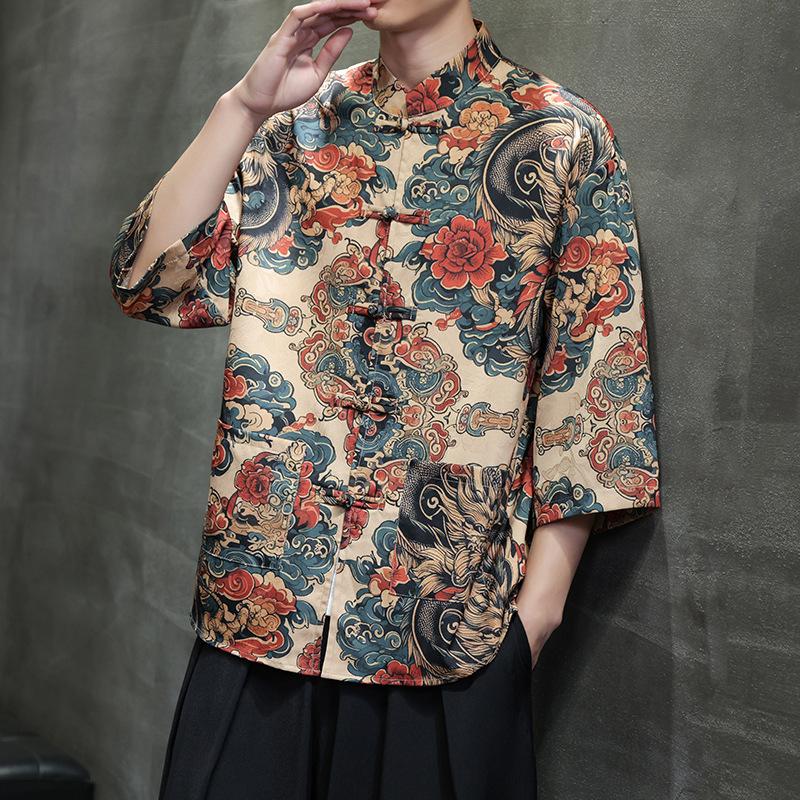 Chinese style ice silk seven-quarter-sleeved shirt men's Tang suit buckle Hanfu large size printed short-sleeved shirt ethnic style