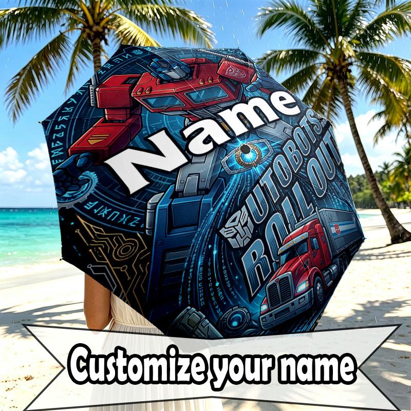 Custom Name Personalized Transformers Print Umbrella, Auto Open Close, 8‑Rib Sturdy Frame, Commute Camping Hiking Use, Birthday Gift