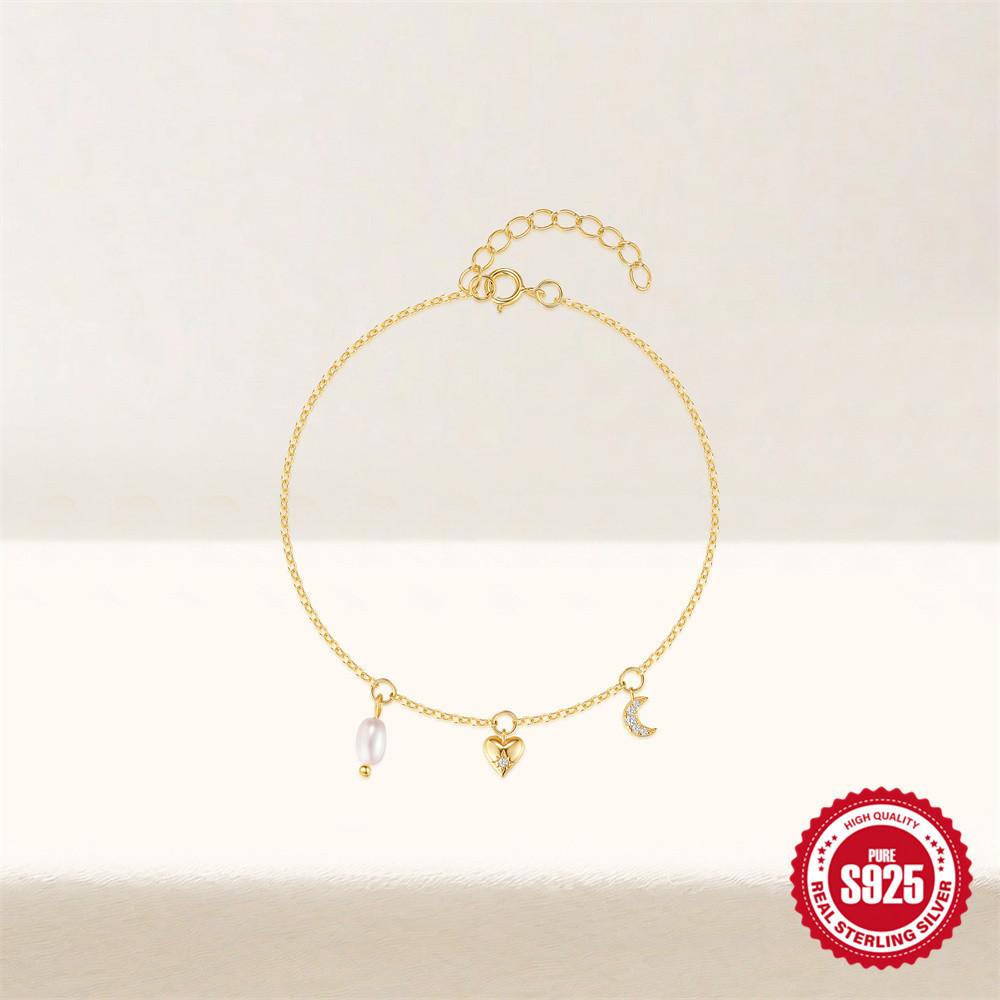 Simple Style Fashion Light Luxury S925 Sterling Silver Exquisite Love Star And Moon Pearl Element Stacked Bracelet